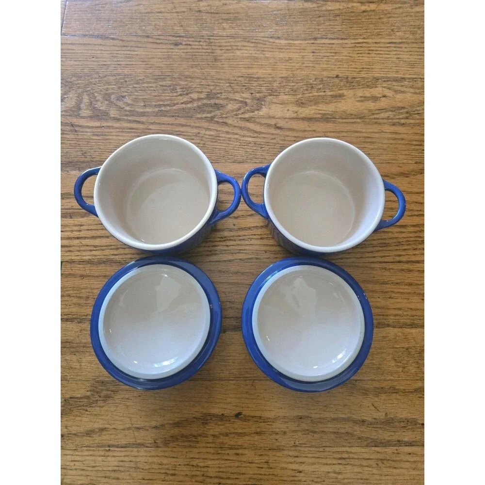 Set of 2 Le Creuset 8oz Mini Round Cocottes Stoneware Cobalt Blue